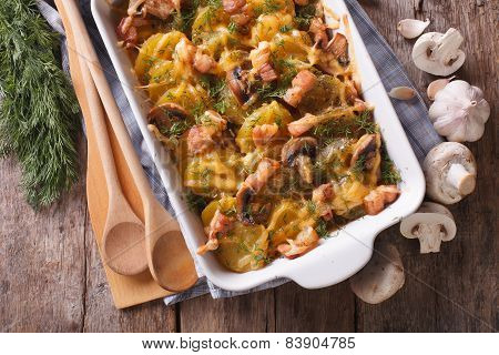 Casserole Potato With Bacon And Mushrooms Horizontal Top View