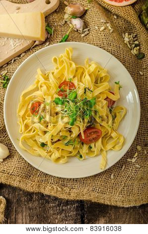 Semolina Pasta With Roasted Garlic, Sprinkled Microherbs