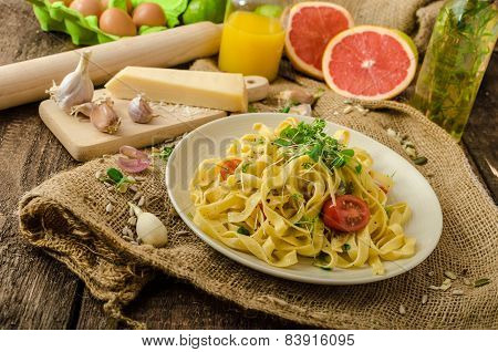 Semolina Pasta With Roasted Garlic, Sprinkled Microherbs