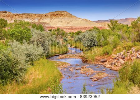 Red White Sandstone Mountain Fremont River Capitol Reef National Park Torrey Utah
