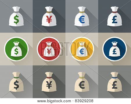Money Bag Icon Set With Currency Symbol