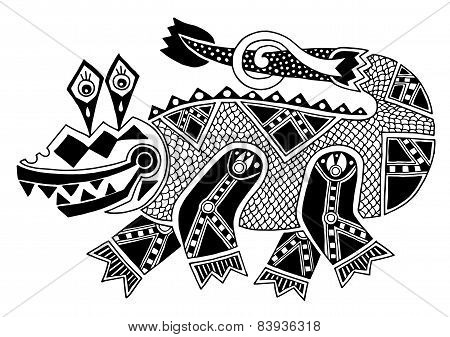 black and white authentic original decorative drawing of crocodi