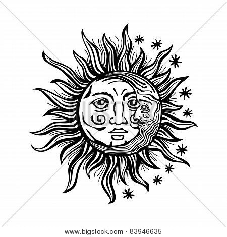 Illustration Sun Moon Star Human Faces Retro Vintage Vector Folklore