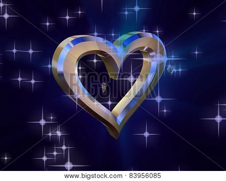 Heart Of Gold On A Blue Background Surrounded By Small Shiny Hearts