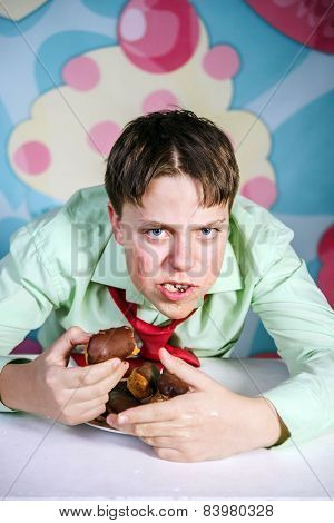 Funny Boy Eating Sweet Cakes, Hungry And Candy Man