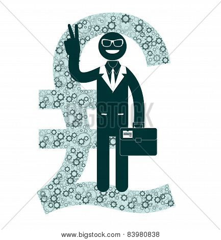 Businessman showing victory sign on a background of pounds sterling signs.