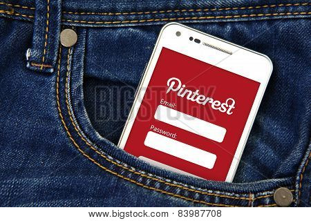Gdansk -  Poland, September 16, 2014. Mobile Phone In The Pocket With Pinterest Login Page.