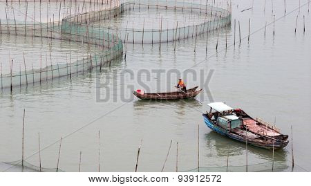 XIAPU, CHINA - JUNE 4, 2015: A farm worker rows out to inspect the nets of a large crab farm in the sea. Aquaculture is an important economy in the eastern coast seaside towns in Xiapu County.