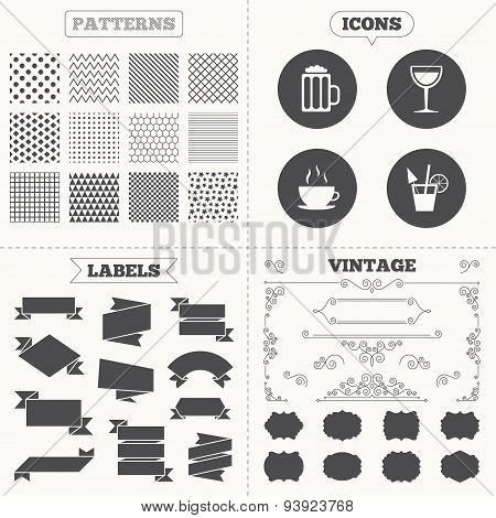 Drinks signs. Coffee cup, glass of beer icons.