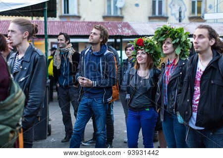 KRAKOW, POLAND - JUN 20, 2015: Unidentified participants of start celebrating the Kupala Night (Polish: Noc Kupaly). Celebration relates to the summer solstice and includes a number of Slavic rituals.