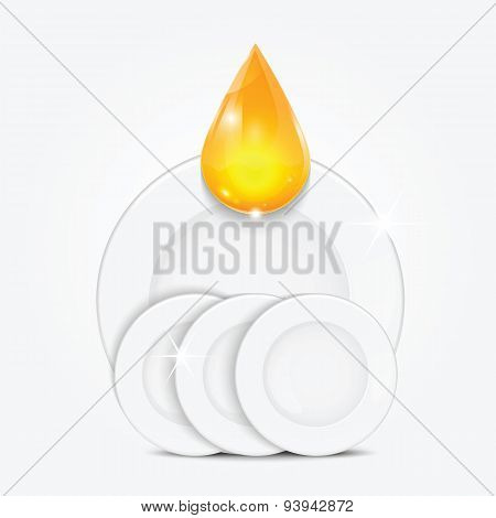 Set Of Clean Dishes And Yellow Drop