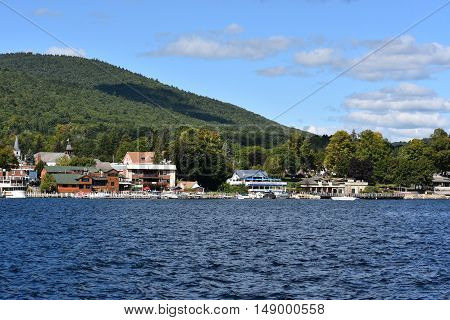 LAKE GEORGE, NY - SEP 24: View of Lake George from the Village, in New York State, as seen on Sep 24, 2016. The lake lies within the upper region of the Great Appalachian Valley and drains all the way northward into Lake Champlain and the St. Lawrence Riv