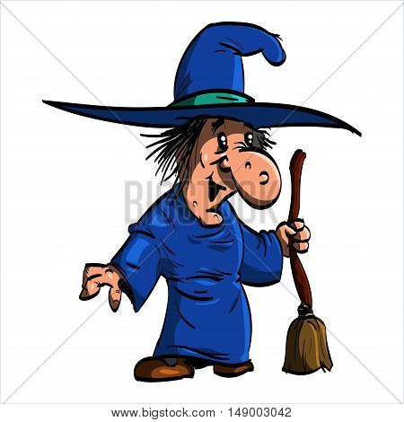 Cartoon illustration of Befana or a wtich with blue clothes and a broomstick.