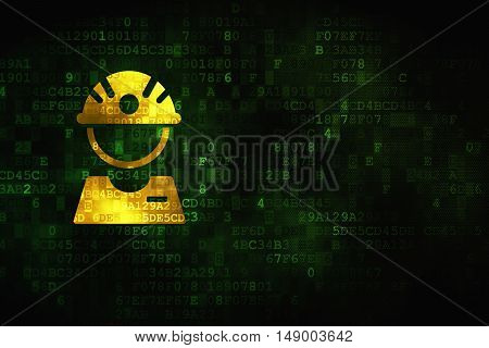 Manufacuring concept: pixelated Factory Worker icon on digital background, empty copyspace for card, text, advertising