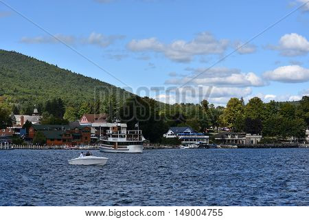 LAKE GEORGE, NY - SEP 24: View of Lake George from the Village, in New York State, as seen on Sep 24, 2016. The lake lies within the upper region of the Great Appalachian Valley and drains all the way northward into Lake Champlain and the St. Lawrence Riv