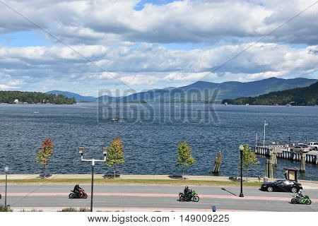 LAKE GEORGE, NY - SEP 24: View of Lake George from the Village, in New York State, as seen on Sep 24, 2016. The lake lies within the upper region of the Great Appalachian Valley and drains all the way northward into Lake Champlain and the St. Lawrence Riv
