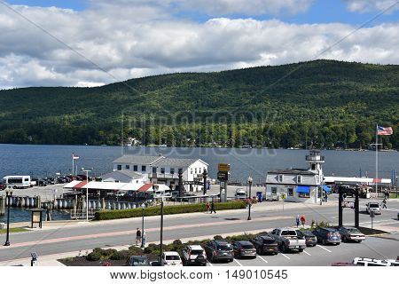 LAKE GEORGE, NY - SEP 24: View of Lake George from the Village, in New York State, as seen on Sep 24, 2016. The lake lies within the upper region of the Great Appalachian Valley and drains all the way northward into Lake Champlain and the St. Lawrence Riv