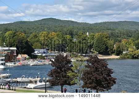LAKE GEORGE, NY - SEP 24: View of Lake George from the Village, in New York State, as seen on Sep 24, 2016. The lake lies within the upper region of the Great Appalachian Valley and drains all the way northward into Lake Champlain and the St. Lawrence Riv
