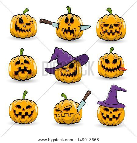 Colored isolated halloween pumpkins with different emotions in witch hat and without. Vector illustration.