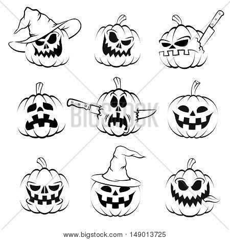 Halloween pumpkin set. Jack-o'-lantern. Black-and-white isolated images in stamp style.