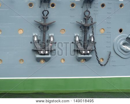 cruiser Aurora moored at the embankment of Nevka rive