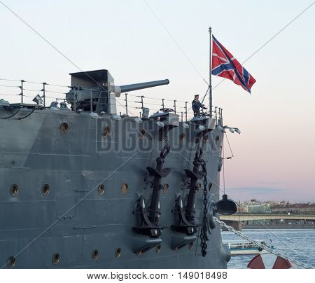 Saint Petersburg Russia September 08 2016: Forecastle gun of the cruiser Aurora in Saint-Petersburg Russia
