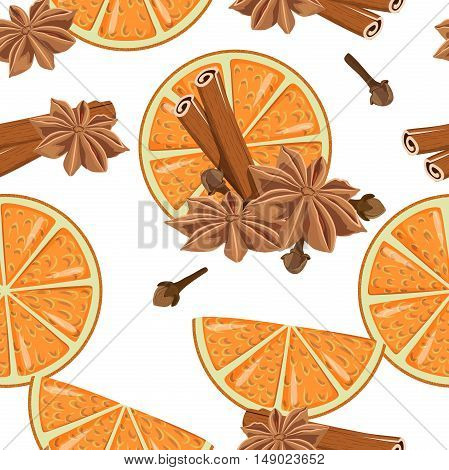 Seamless pattern with spices: cinnamon cloves star anise orange