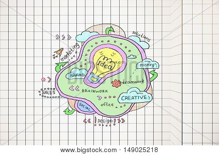 Light tile wall with creative light bulb sketch. Idea concept. 3D Rendering