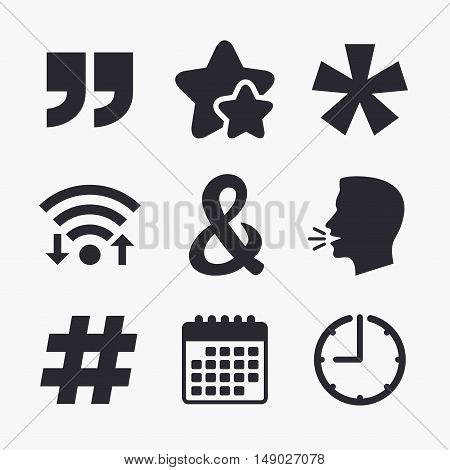 Quote, asterisk footnote icons. Hashtag social media and ampersand symbols. Programming logical operator AND sign. Wifi internet, favorite stars, calendar and clock. Talking head. Vector