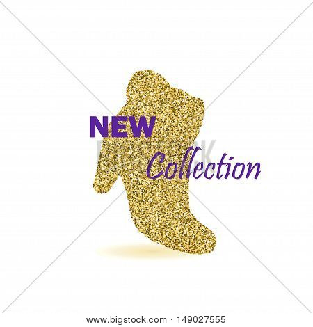 Gold Glitter Vector New Collection Banner with Contour of a Fashion Woman Boot