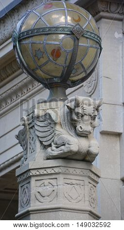 MONTREAL CANADA 09 22 16: Detail of Montreal Masonic Memorial Temple is an historic masonic temple was designated a National Historic Site as an example of elegant buildings in the Beaux-Arts style