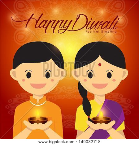 Illustration for Diwali festival with Cute Indian boy and girl