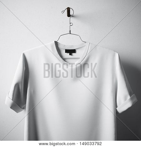 Closeup White Blank Cotton Tshirt Hanging Center Gray Concrete Empty Wall Background.Mockup Highly Detailed Texture Materials.Clear Label Space for Business Message. Square. 3D rendering