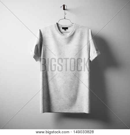 White Blank Cotton Tshirt Hanging Center Gray Concrete Empty Wall Background.Highly Detailed Texture Materials.Clear Label Space for Business Message. Square Mockup . 3D rendering