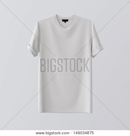 Blank White Textile Tshirt Isolated Center Gray Empty Background.Mockup Highly Detailed Texture Materials.Clear Label Space for Business Message. Square.Front Side. 3D rendering