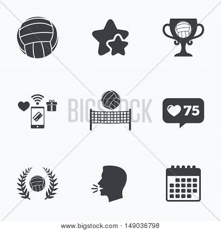 Volleyball and net icons. Winner award cup and laurel wreath symbols. Beach sport symbol. Flat talking head, calendar icons. Stars, like counter icons. Vector