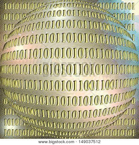 Abstract coloring background of the dark gradient with visual wave, zigzag,stained glass and spherize effects,binary code:null and zero