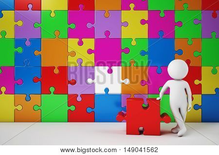 White man build a company with puzzle. Concept of parthership and teamwork. 3D rendering.. 3D Rendering