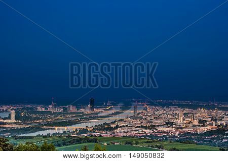 Beautiful view of skyline of Vienna and Danube River with green trees of Doebling district, Austria. Travel photo of the landmark.