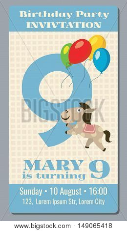 Birthday party invitation card with cute horse vector template 9 years old. Poster invintation to birthday celebrate illustration
