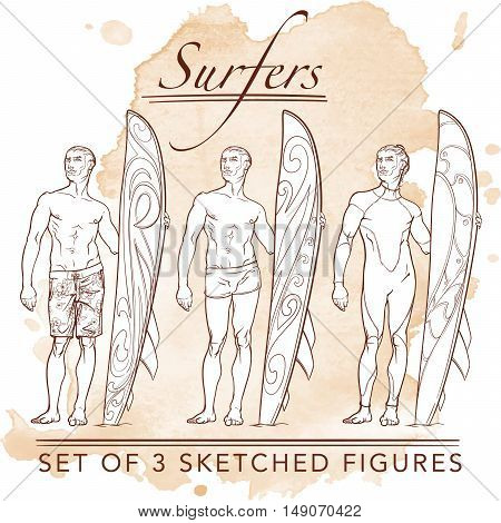 Set of 3 sketched surfer  front view figures. Hipster style looking young surfers wearing different swimwear. Sketch and silhouette. Grunge background. EPS10 vector illustration.