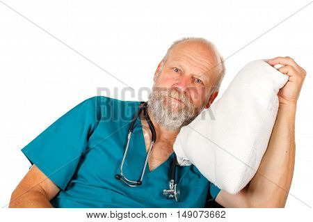 Picture of a senior doctor being tired after a long shift
