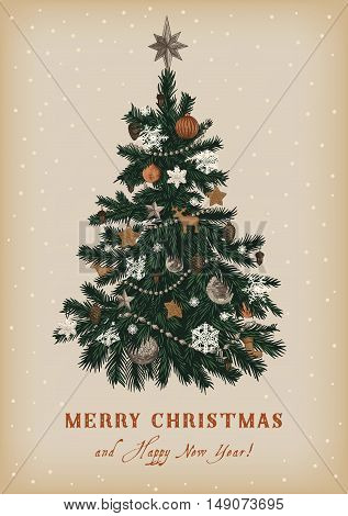 Christmas tree. Vector vintage illustration. Merry Christmas And Happy New Year. Greeting card.