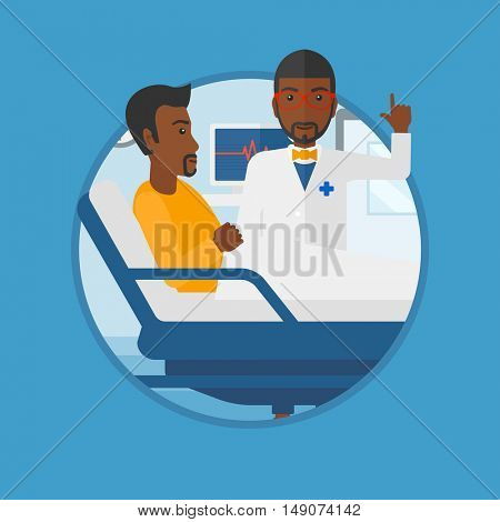 An african-american doctor visiting male patient at hospital ward. Doctor pointing finger up during consultation with patient.Vector flat design illustration in the circle isolated on background.