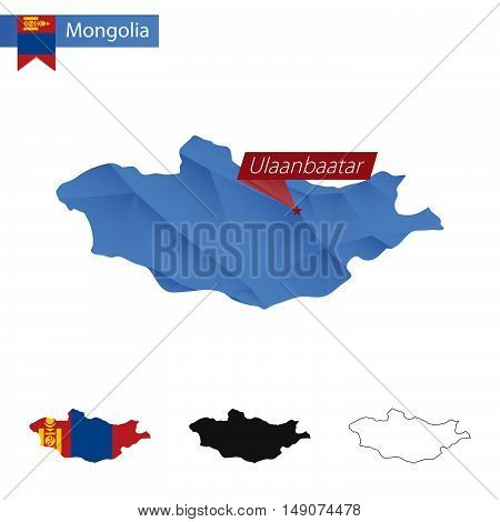 Mongolia Blue Low Poly Map With Capital Ulaanbaatar.
