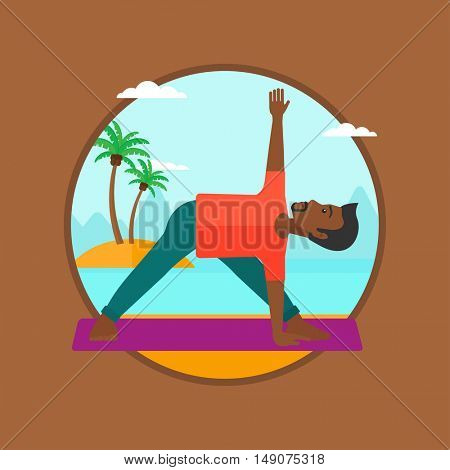 An african-american man standing in yoga triangle pose. Man meditating in yoga triangle position on the beach. Man doing yoga. Vector flat design illustration in the circle isolated on background.
