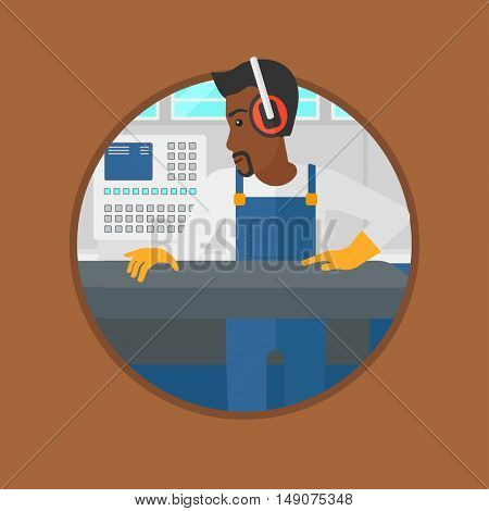 An african-american man working on metal press machine. Worker in headphones operating metal press machine at factory workshop. Vector flat design illustration in the circle isolated on background.