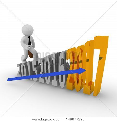 Small businessman on upswing stairs with a golden 2017 3d rendering