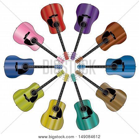 A circle of acoustic guitars isolated over a white background.