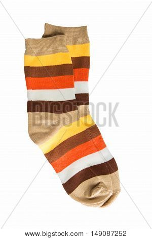 Two striped sock in yellow orange white red-haired brown stripes. 5 colors. isolated